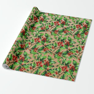 Festive Vintage-kerstrood Holly Berries Kraft Cadeaupapier