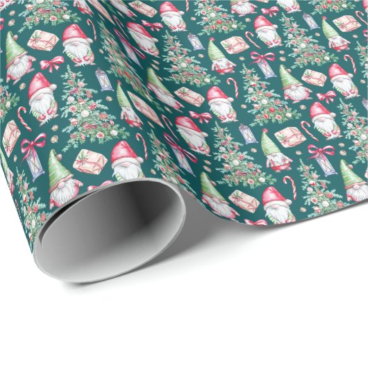 Festive Watercolor Gnome Christmas Tree Cadeaupapier (Rol Hoek)
