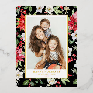 Festive Winter Flowers Pattern Black Foto Folie Feestdagen Briefkaart