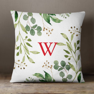 Festive Winter Greenery Waterverf Monogram Kussen