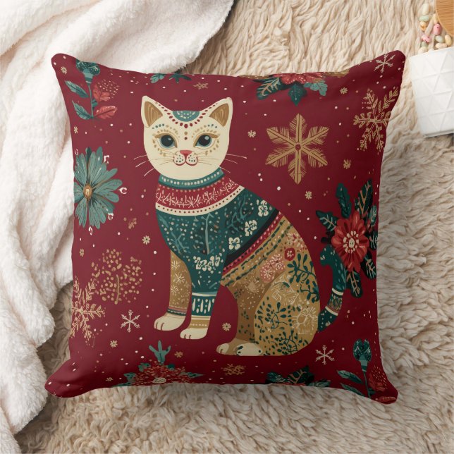 Festive Winter Holidays Cat In Sweater Kussen (Deken)