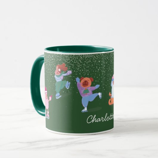 Festive Winter Iceskating Dogs Xmas Green Name Mug (Devant gauche)