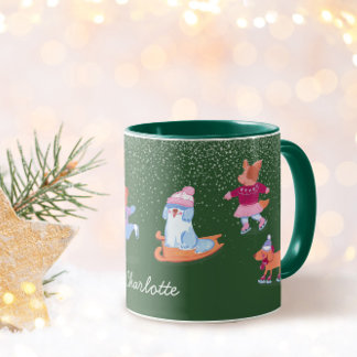 Festive Winter Iceskating Dogs Xmas Green Name Mug Mok