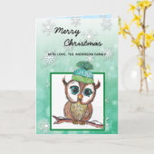 Festive Winter Owl Merry Kerstry Kaart (Gele Bloem)