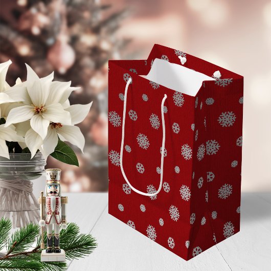Festive Winter Silver Red Snowflakes Holiday Medium Cadeauzakje