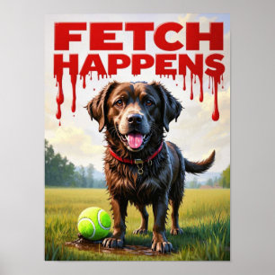 Fetch Happens Humorous Dog poster Muddy Labrador