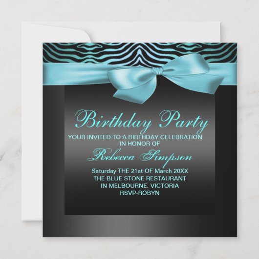 Fête Black & Blue Zebra Invitation Anniversaire (Dos)