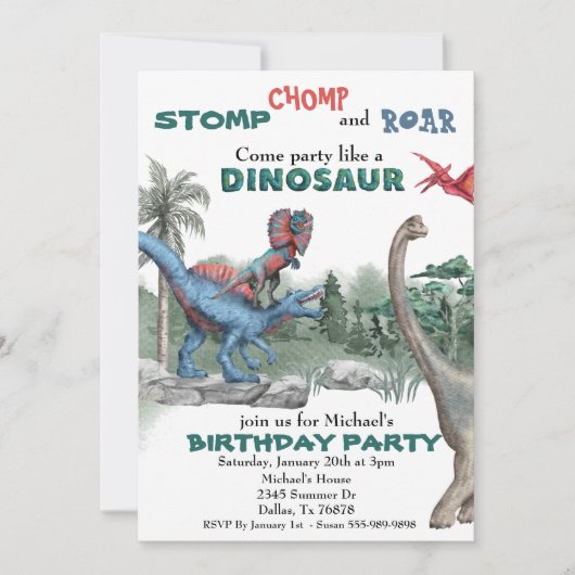 Fête comme un Invitation Dinosaure d'aquarelle d'a (Devant)