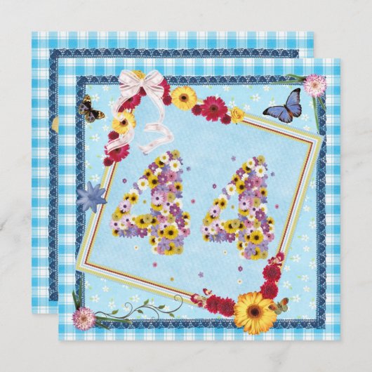 Fête d'anniversaire 44e Invitation fleurs, papillo (Devant / Derrière)