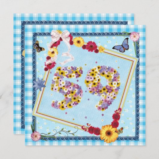 Fête d'anniversaire 59e Invitation fleurs, papillo (Devant / Derrière)