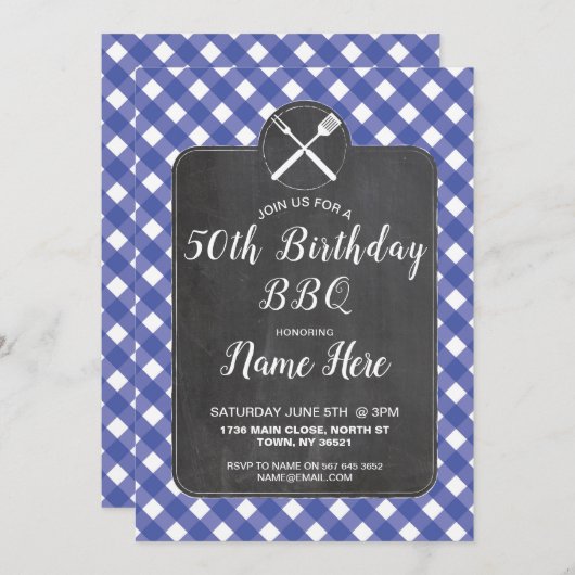 Fête d'anniversaire Blue En vichy Chalk Invitation (Devant / Derrière)