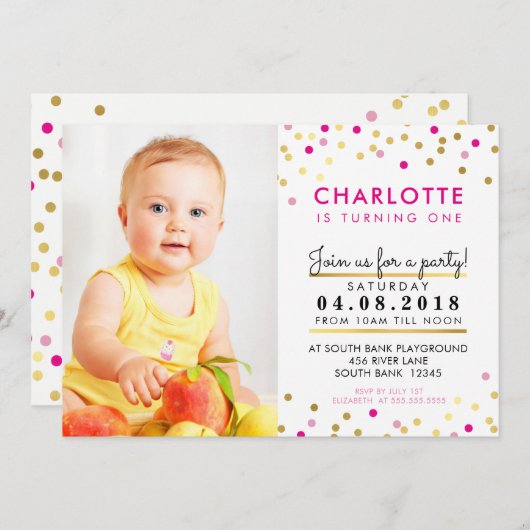 Fête d'anniversaire CONFETTI INVITATION tache or r (Devant / Derrière)