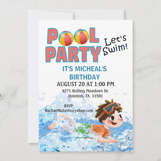 Fête d'anniversaire de baignade Pool Invitation (Devant)