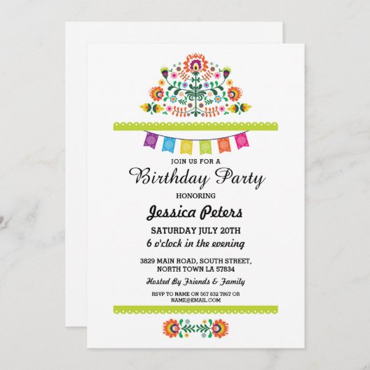 Fête d'anniversaire Floral Fiesta Invitation mexic (Devant / Derrière)