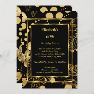 Fête d'anniversaire Gold Black Floral Invitation