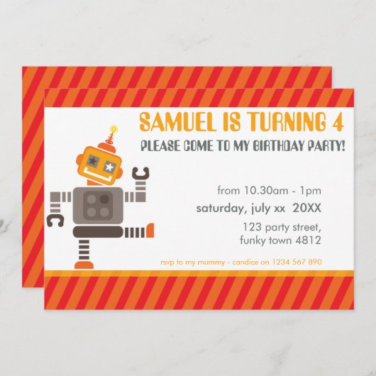 FÊTE D'ANNIVERSAIRE INVITATIONS robot cool dansant (Devant / Derrière)
