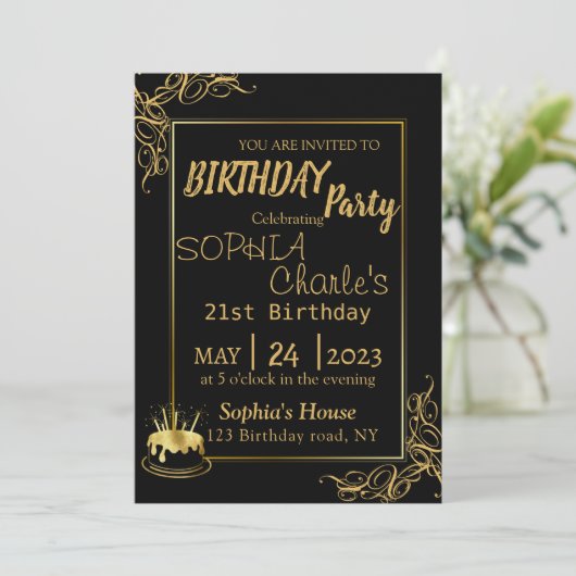 Fête d'anniversaire Noir et Or Invitation (Debout devant)