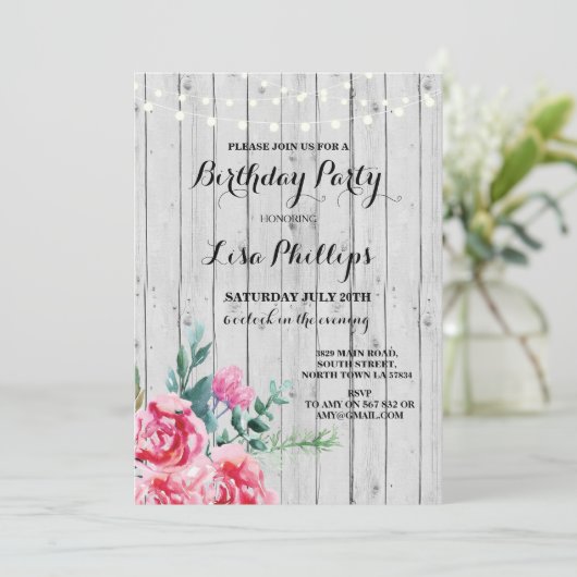 Fête d'anniversaire Rustic Rose Floral Invitation (Debout devant)