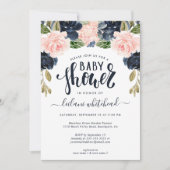 Fête de bébé : invitation florale rose et marine (Devant)
