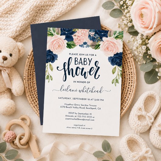 Fête de bébé : invitation florale rose et marine