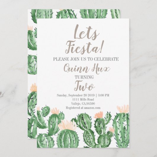 Fête de Cactus succulent invitation de fête d'anni (Devant / Derrière)