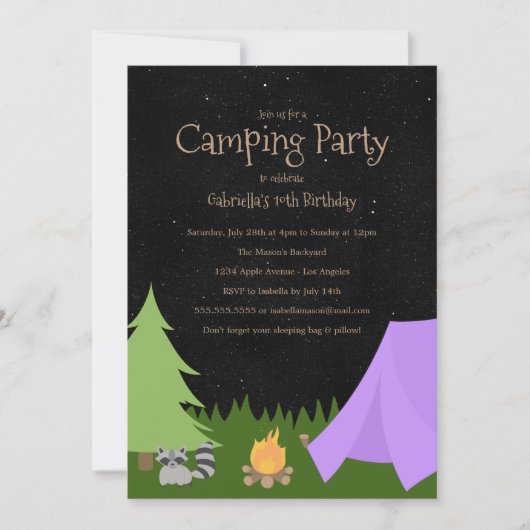 Fête de Camping pour filles | Invitation de fête d (Devant)