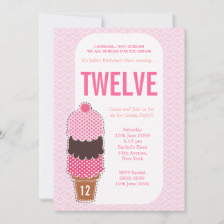 Fête de crème glacée rose Filles Invitation d'anni