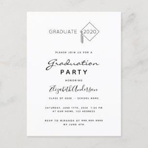Fête de graduation noir blanc casquette invitation