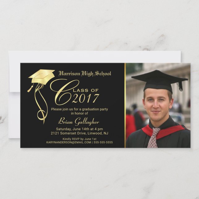 Fête de graduation Photo Invitation Casquette noir (Devant)