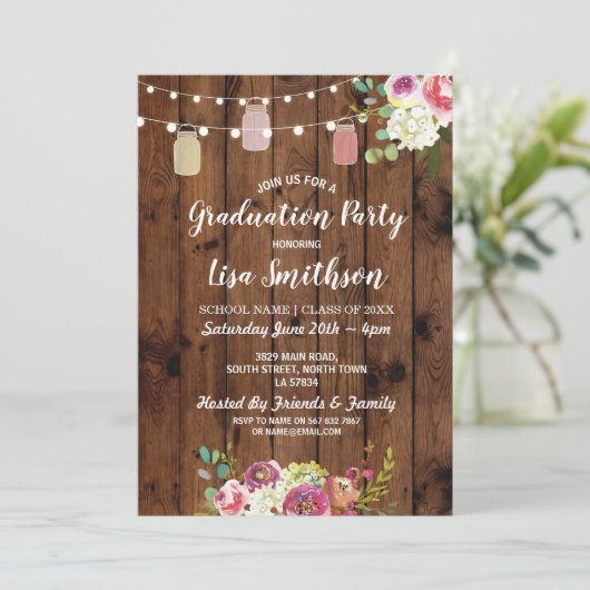 Fête de graduation rustique Jars Invitation Fleurs (Debout devant)