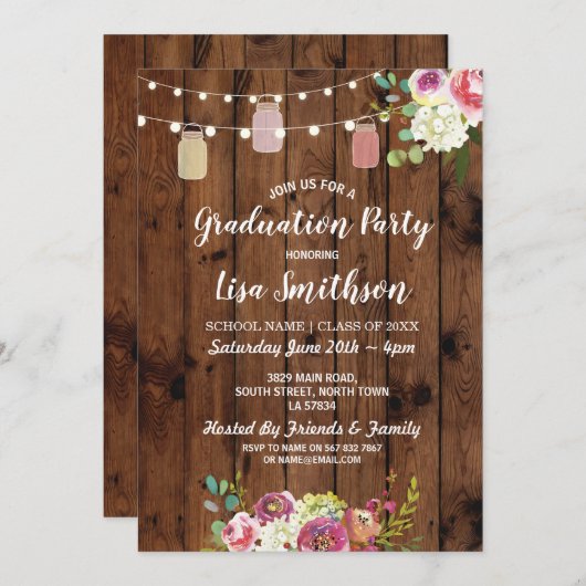 Fête de graduation rustique Jars Invitation Fleurs (Devant / Derrière)