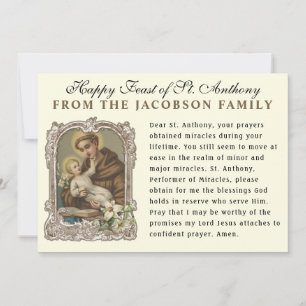 Fête de la carte de prière catholique St. Anthony