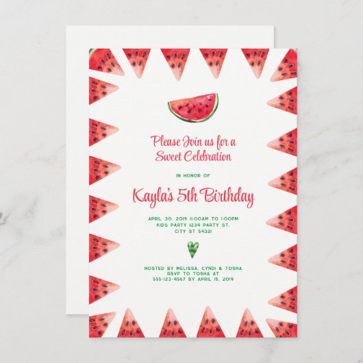 Fête de la pastèque Douce Invitations d'anniversai (Devant / Derrière)