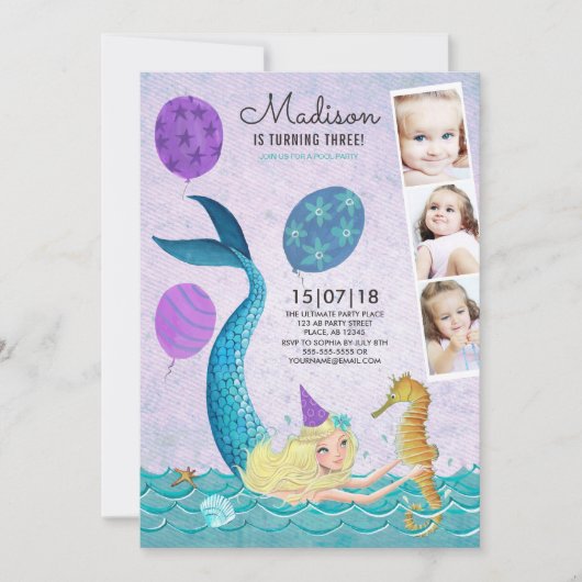 Fête de la piscine | Sirène | Invitations (Devant)