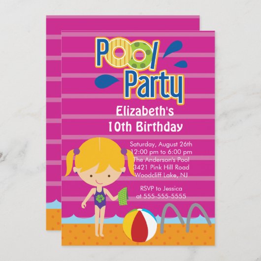 Fête de la piscine Splish Splash Invitation fille (Devant / Derrière)