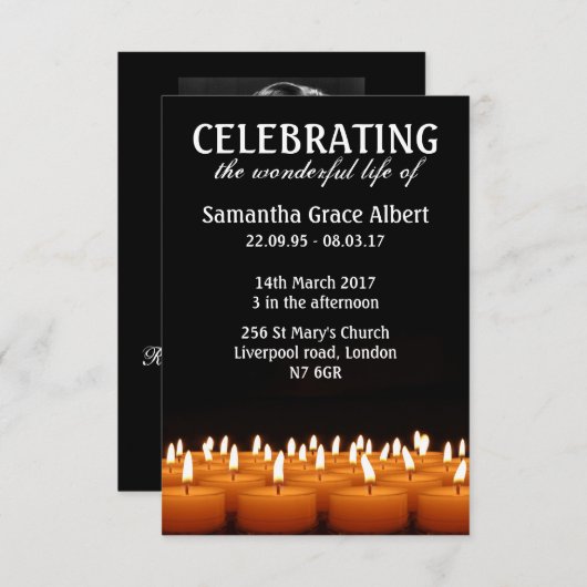 Fête de la vie. Invitation funéraire. (Devant / Derrière)