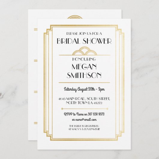 Fête de l'mariée Art déco Gatsby Gold Invitation 1 (Devant / Derrière)
