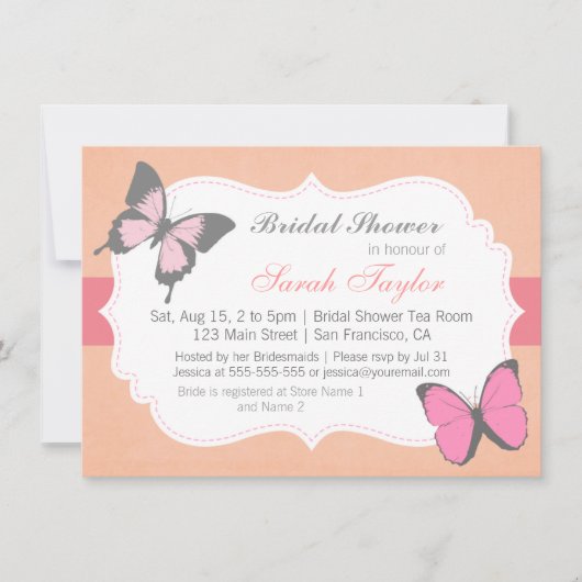 Fête de mariage, Invitation Papillons Roses (Devant)
