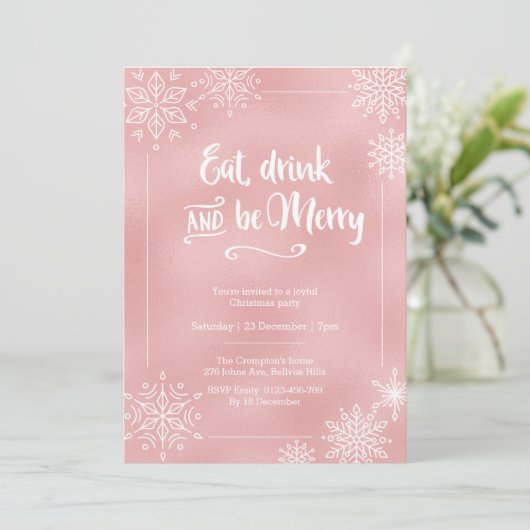 Fête de Noël à flocon rose vif Invitation (Debout devant)
