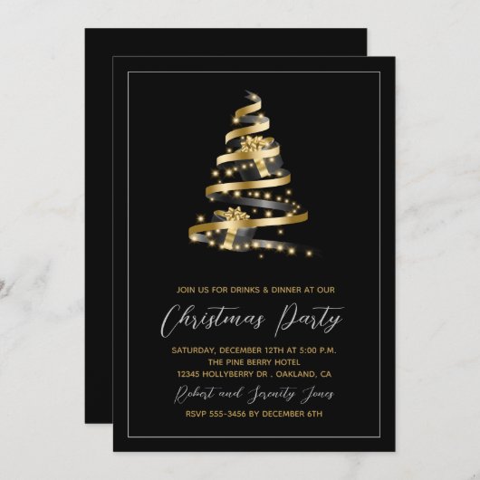Fête de Noël Black Gold Tree Invitation (Devant / Derrière)