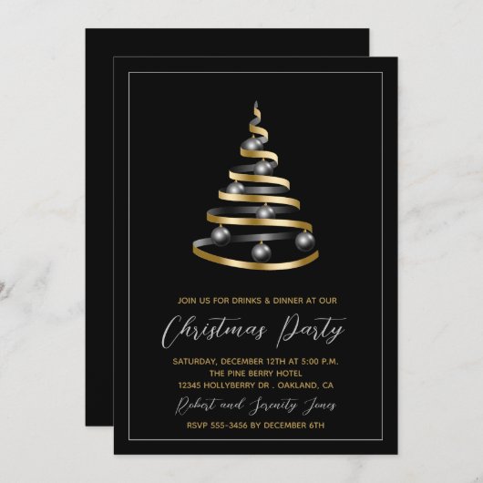 Fête de Noël Black Gold Tree Invitation (Devant / Derrière)