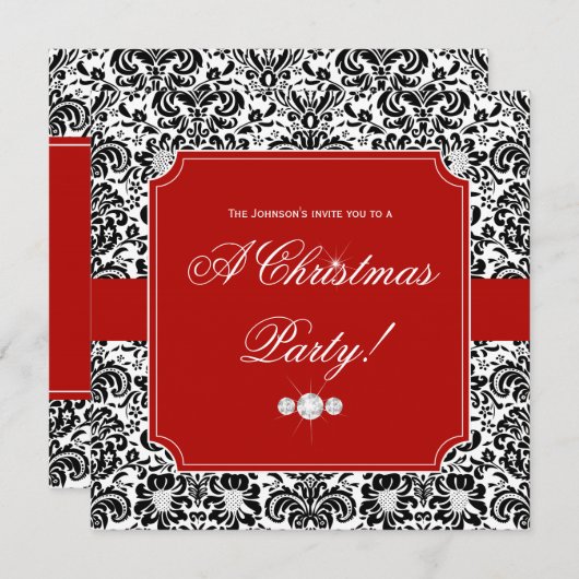 Fête de Noël Damask Rouge Noir Blanc Invitation (Devant / Derrière)