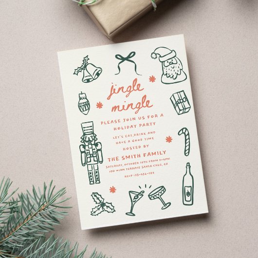 Fête de Noël Invitation Manuscrite Funky Dessinée