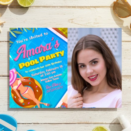 Fête de Piscine - Fille avec Invitation Photo
