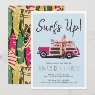 Fête de surf d'été Invitation de voiture rose vi