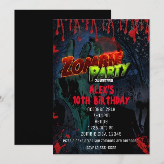 FÊTE DE ZOMBIES Invitations de fête de bande dessi (Devant / Derrière)