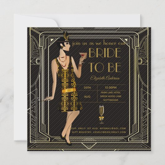 Fête des mariées en or noir brillant Invitations (Devant)