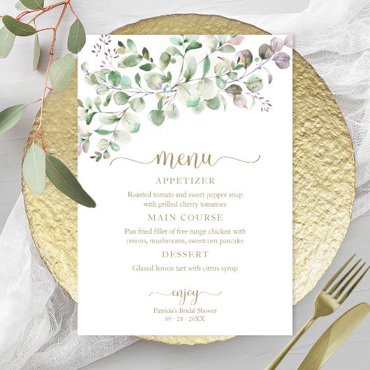 Fête des mariées Eucalyptus vert Menu Invitation