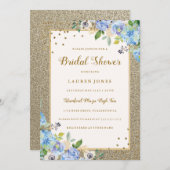 Fête des mariées florale Blue Gold Invitation (Devant / Derrière)