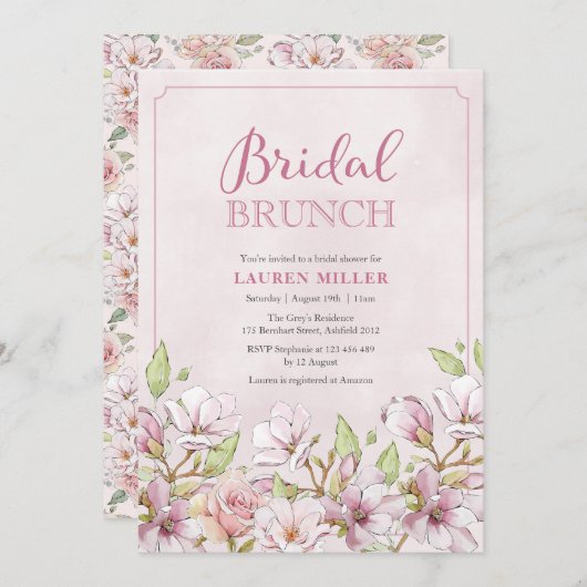 Fête des mariées Florale rose invitation Brunch (Devant / Derrière)